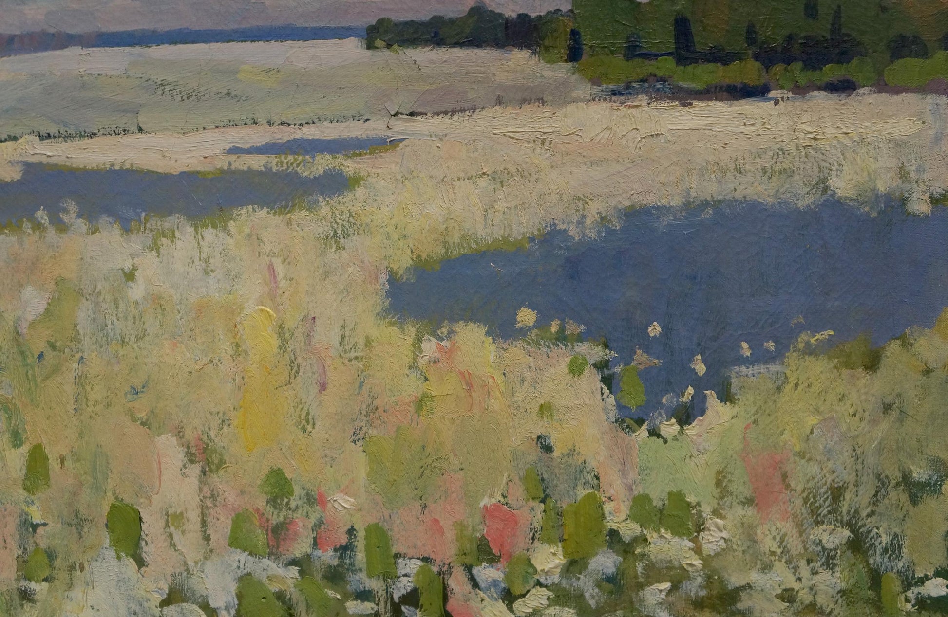 Textured impressionist oil painting of blooming marshland fields in soft greens