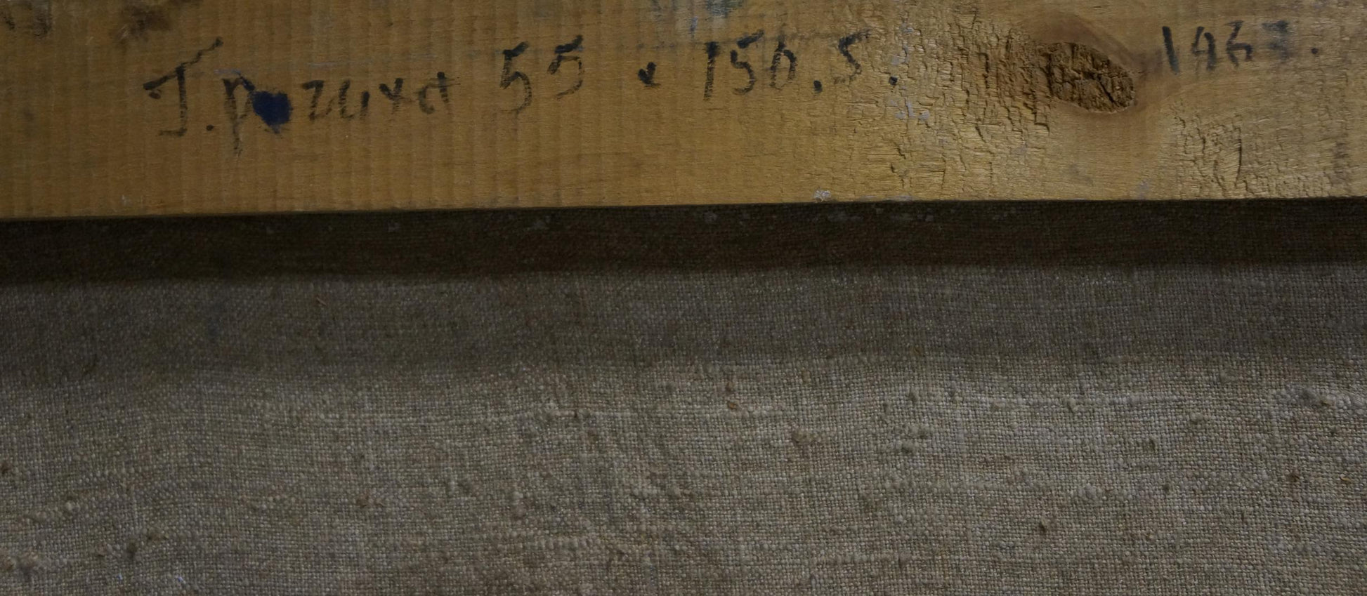 Back of Oil painting Blooming fields with wooden stretcher bar inscribed j