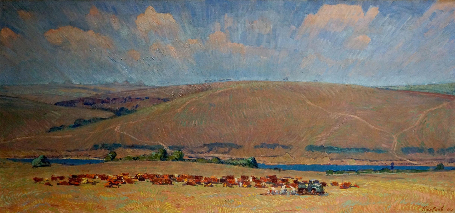 Oil painting Field work by Kravtsov Nikolay Fedorovich: golden hills, blue sky