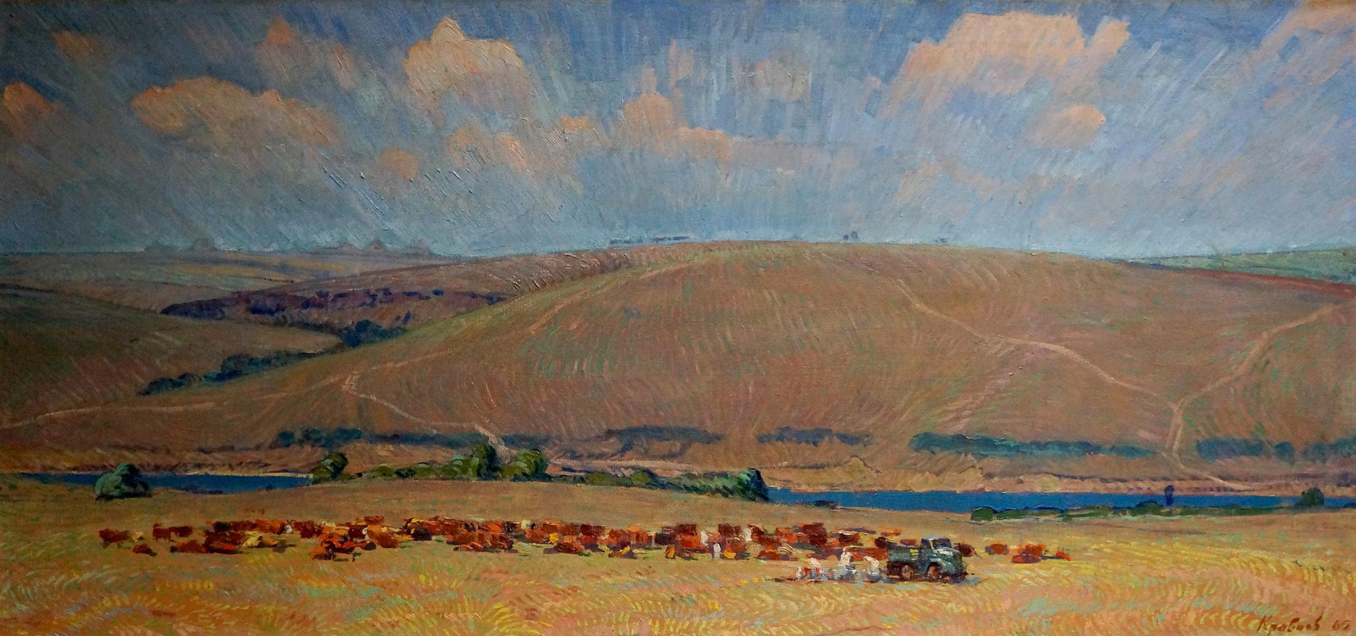 Oil painting Field work by Kravtsov Nikolay Fedorovich: golden hills, blue sky