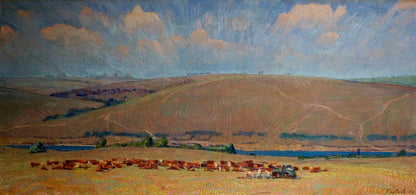Oil painting Field work by Kravtsov Nikolay Fedorovich: golden hills, blue sky