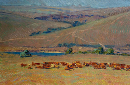 Oil painting by Kravtsov Nikolay Fedorovich: cattle grazing golden fields