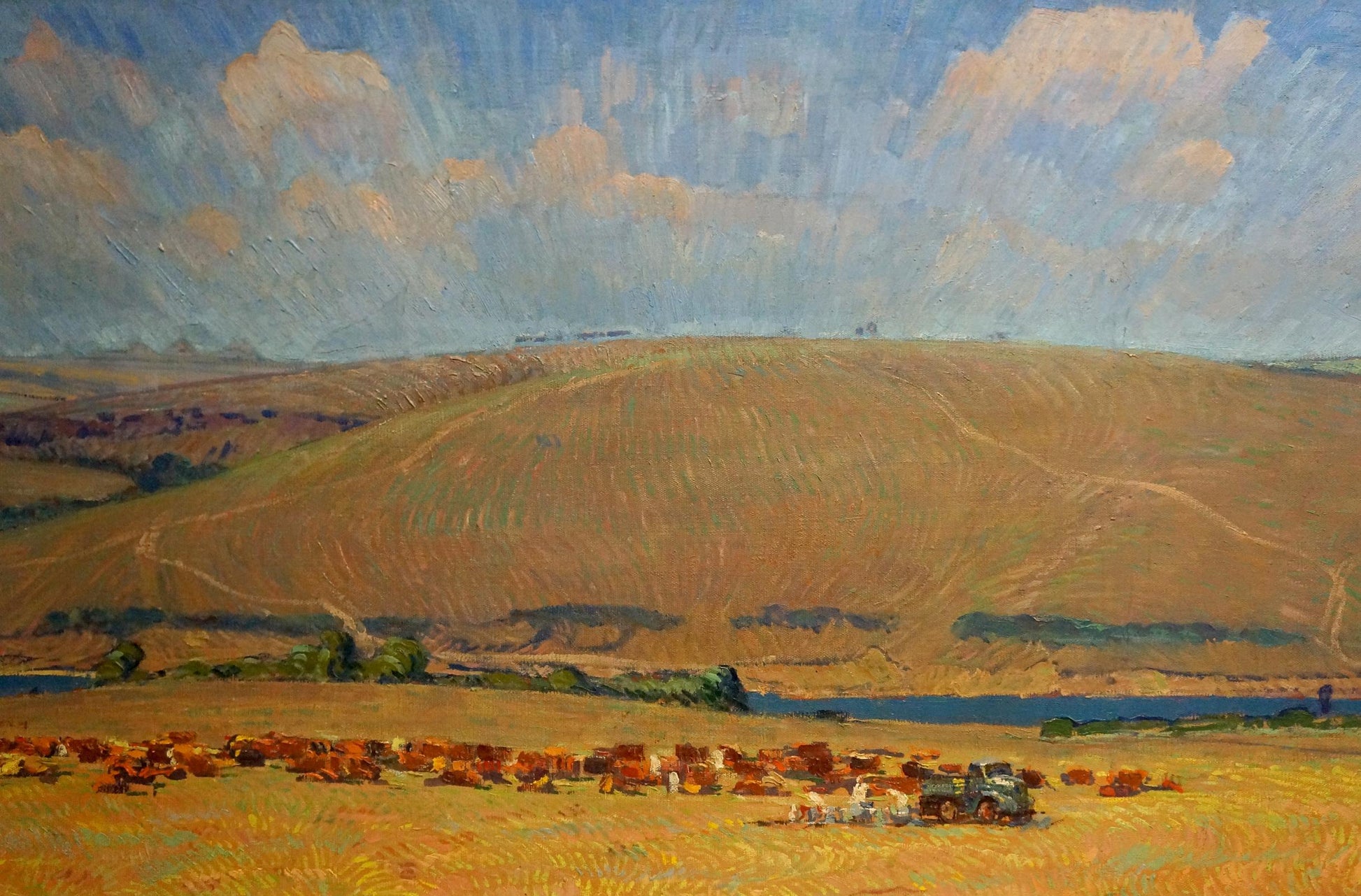 Serene oil painting by Kravtsov Nikolay Fedorovich: golden fields, river, cattle