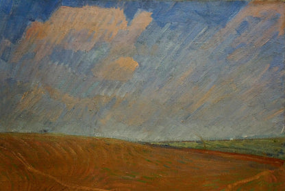 Textured oil painting of earthy field under swirling blue ochre sky by Kravtsov Nikolay Fedorovich