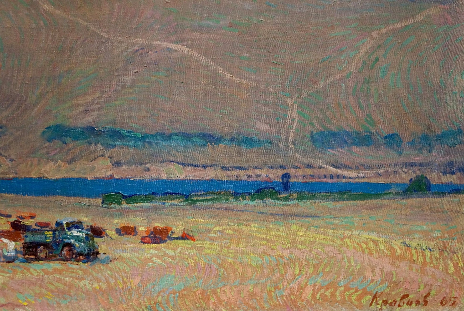 Oil painting by Kravtsov Nikolay Fedorovich: vintage teal truck in golden field