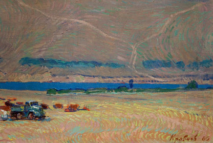 Oil painting by Kravtsov Nikolay Fedorovich: vintage teal truck in golden field