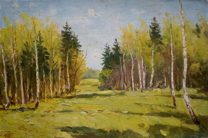 Serene oil painting of sunlit forest path by Petr Chernyshevsky