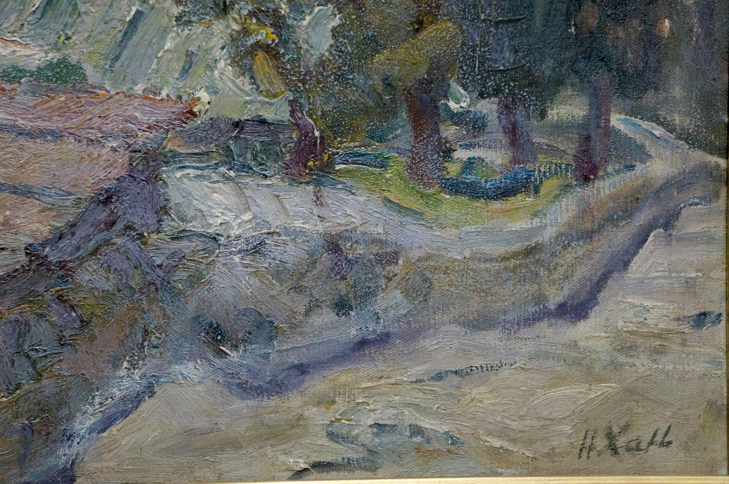 Textured oil painting of winding spring river landscape by Khan Nikolay Alekseevich