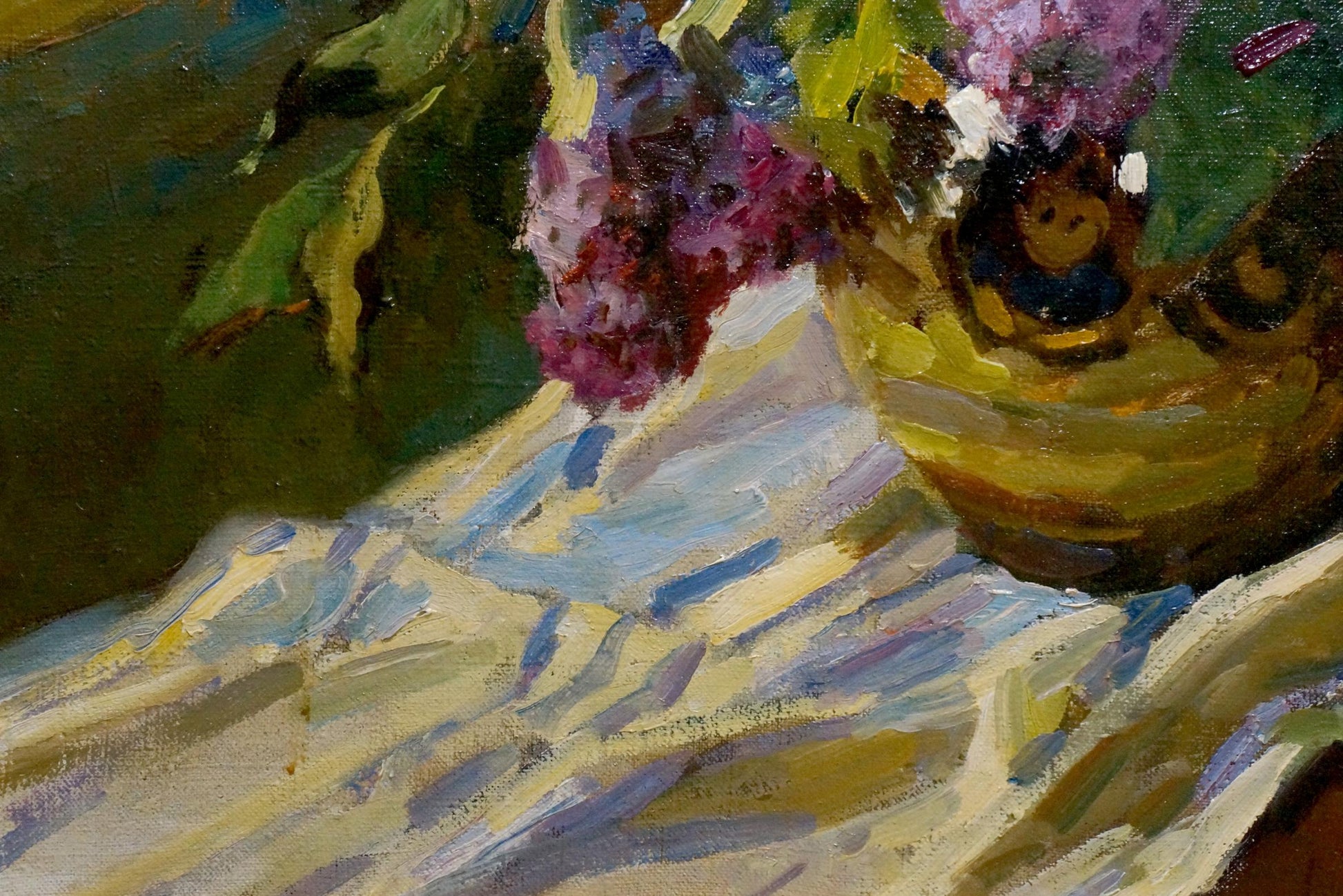 Oil painting Still life by Logvinyuk Alexander Semenovich with golden-yellow vase and vibrant purple blue flowers