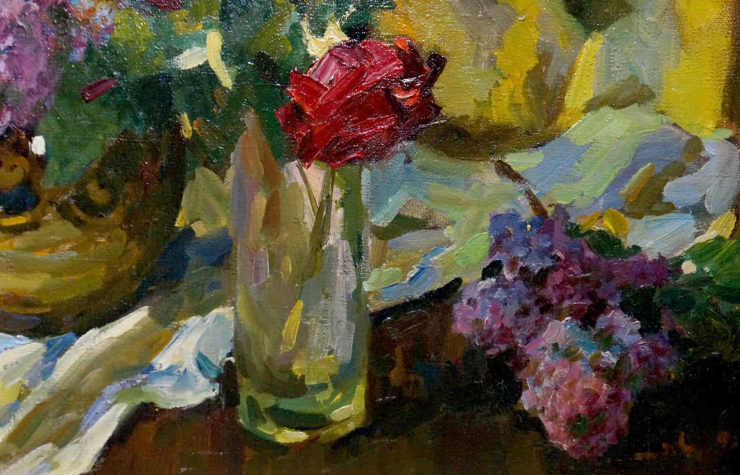 Oil painting by Logvynyk Alexander Semenovich: red rose in glass vase with lilacs