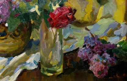 Oil painting by Logvynyk Alexander Semenovich: red rose in glass vase with lilacs