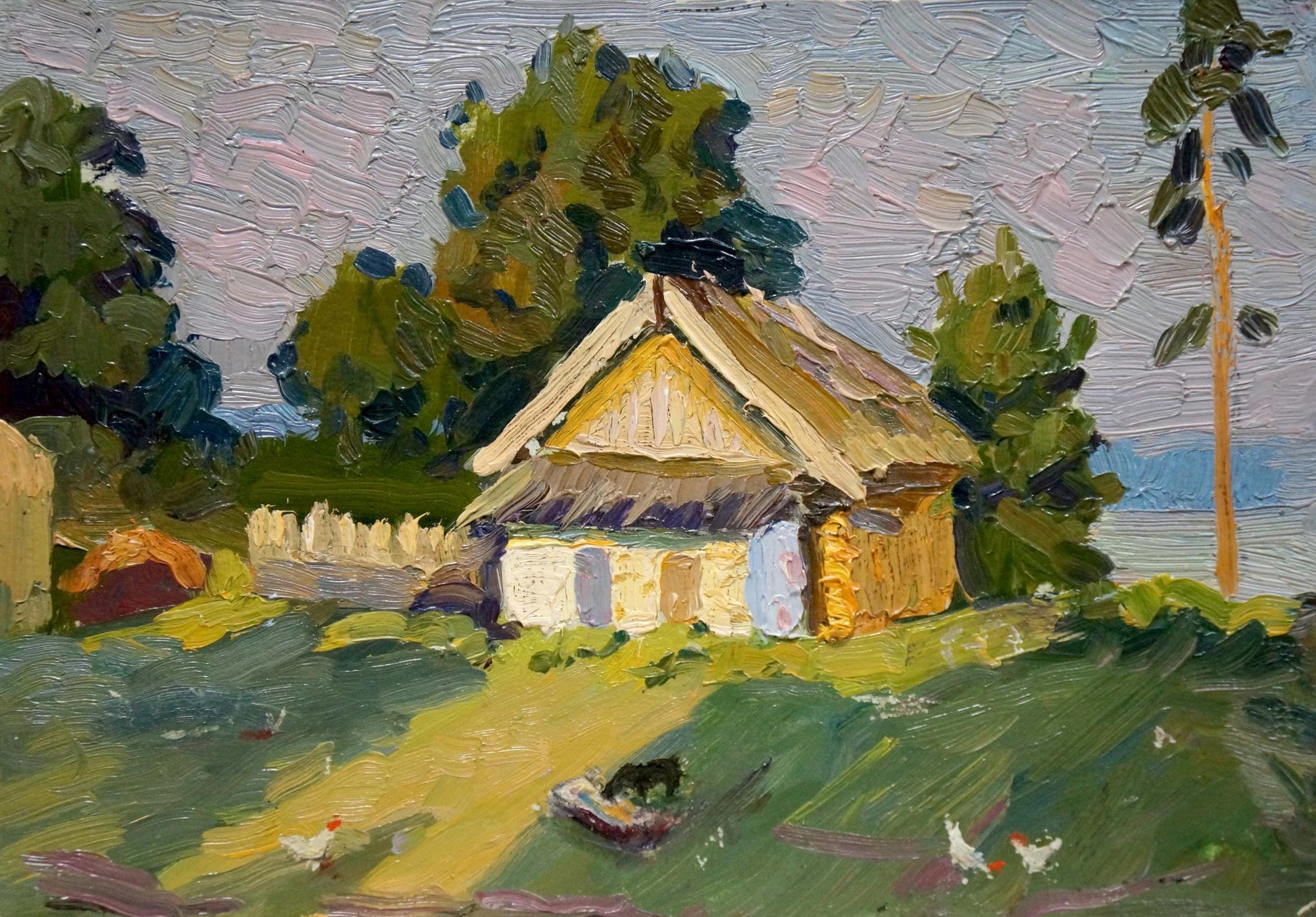 Oil painting of rustic thatched cottage by Popov Igor Alexandrovich
