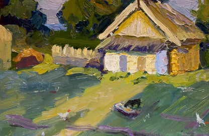 Oil painting of rustic yellow thatched house by Popov Igor Alexandrovich