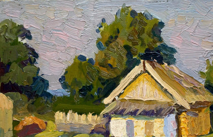 Oil painting by Popov Igor Alexandrovich: rustic yellow thatched cottage with white picket fence