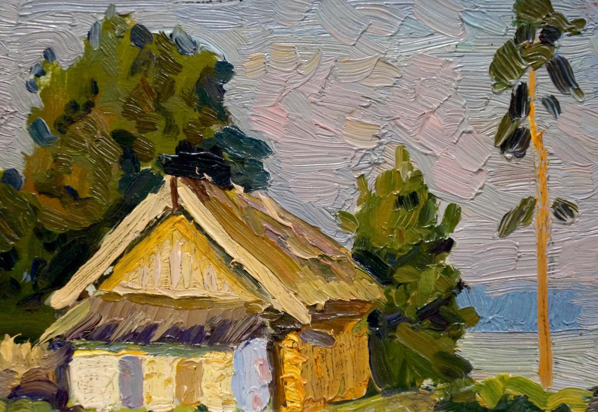 Oil painting of rustic yellow thatched cottage by Popov Igor Alexandrovich