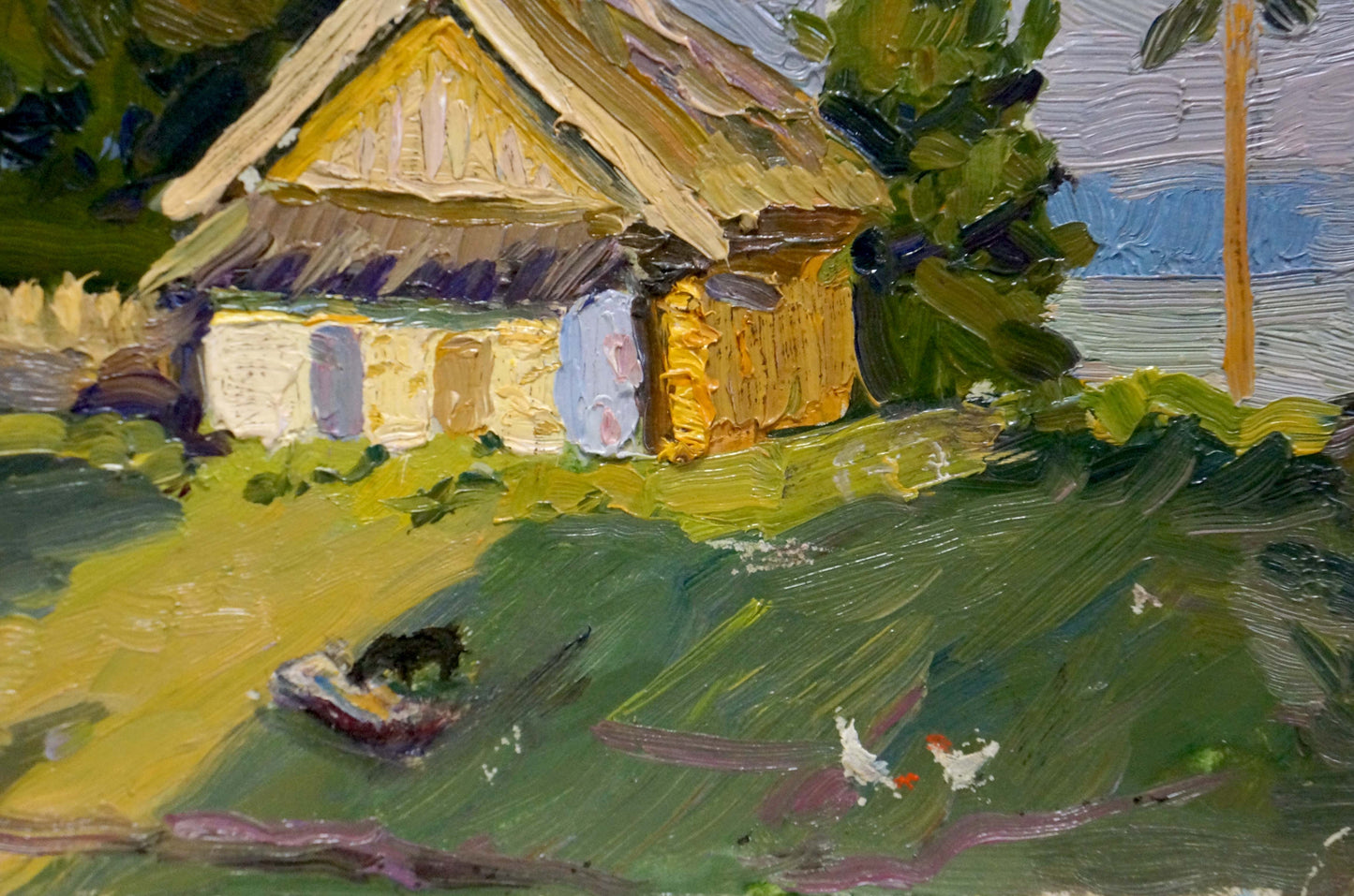 Oil painting of rustic yellow thatched cottage by Popov Igor Alexandrovich