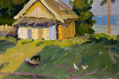 Oil painting of rustic yellow thatched cottage by Popov Igor Alexandrovich