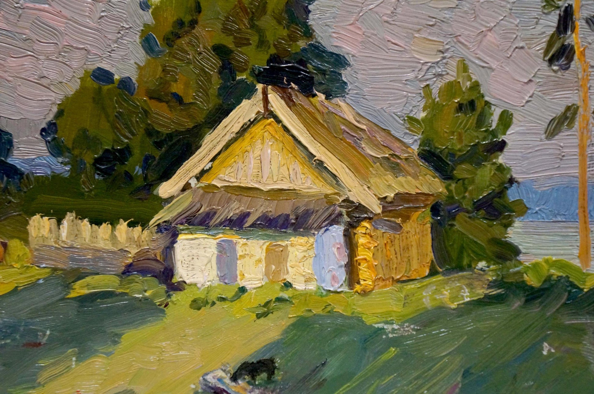 Oil painting of rustic yellow thatched cottage by Popov Igor Alexandrovich