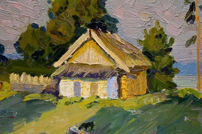 Oil painting of rustic yellow thatched cottage by Popov Igor Alexandrovich