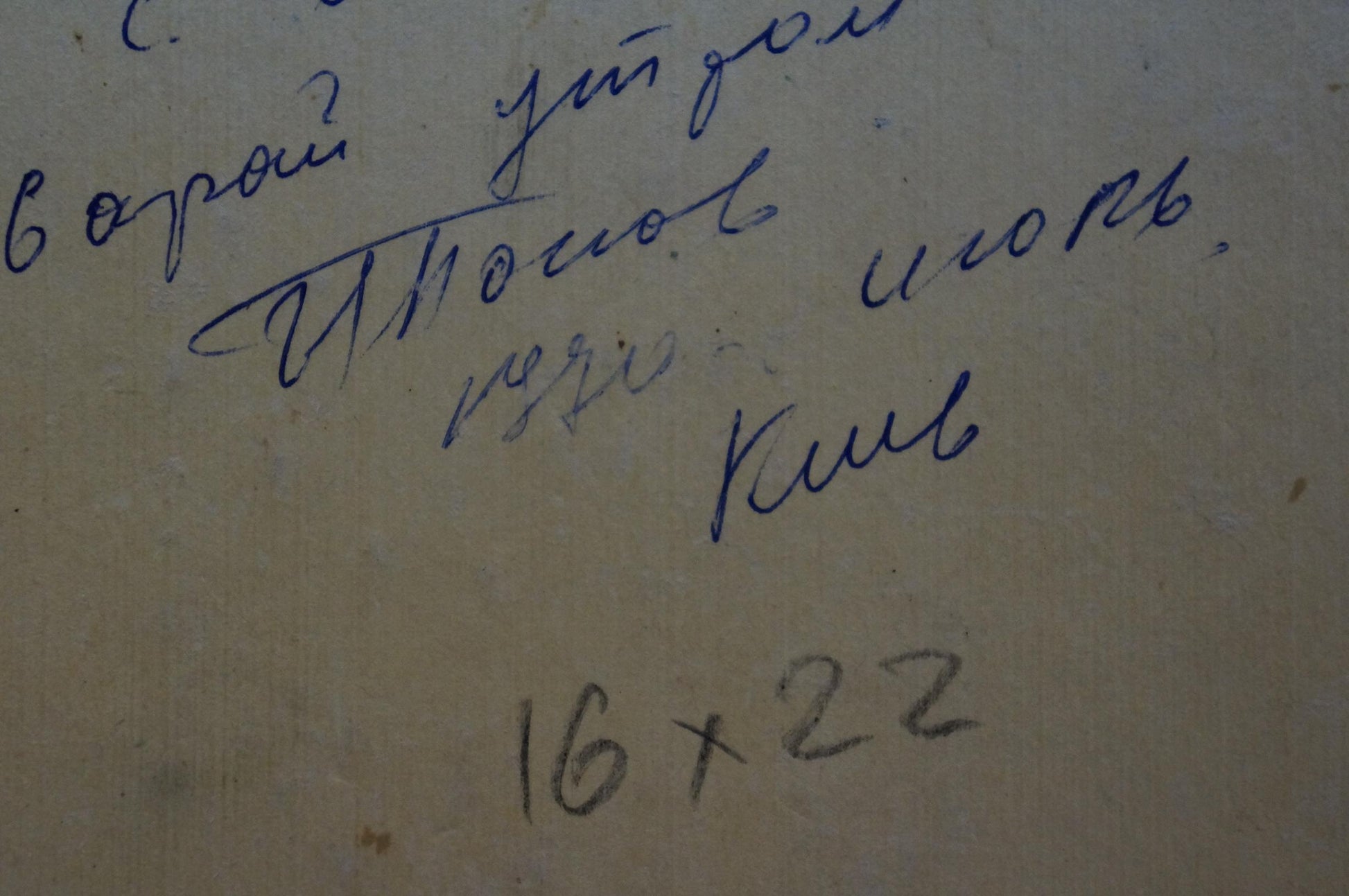 Handwritten blue ink script on back of Popov Igor Alexandrovich oil painting