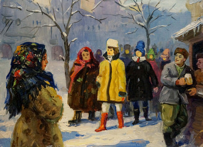 Oil painting by Popov Igor Alexandrovich: yellow coat, fur hat, red boots