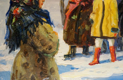 Woman in textured earth-toned coat in snow by Popov Igor Alexandrovich
