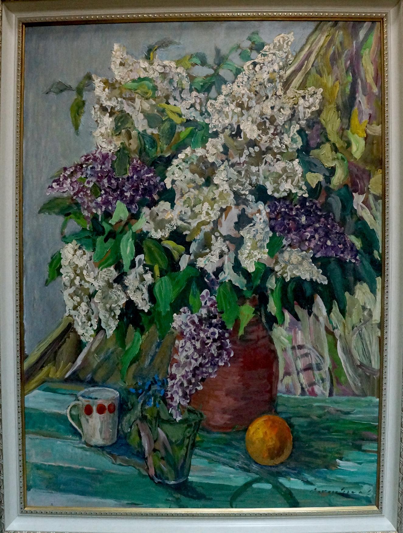 Oil painting of lilacs in terracotta vase by Sokolovskaya Oksana Dmitrievna