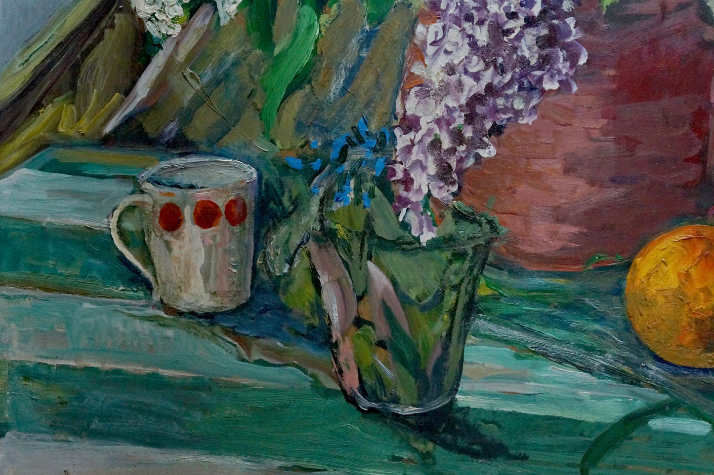 Oil painting by Sokolovskaya Oksana Dmitrievna: white mug with red dots, lilac vase