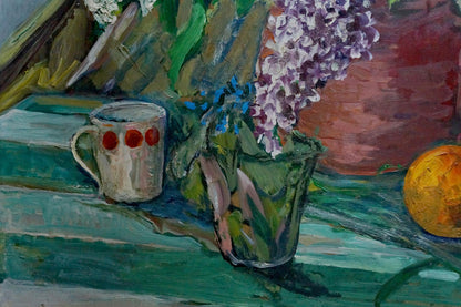 Oil painting by Sokolovskaya Oksana Dmitrievna: white mug with red dots, lilac vase