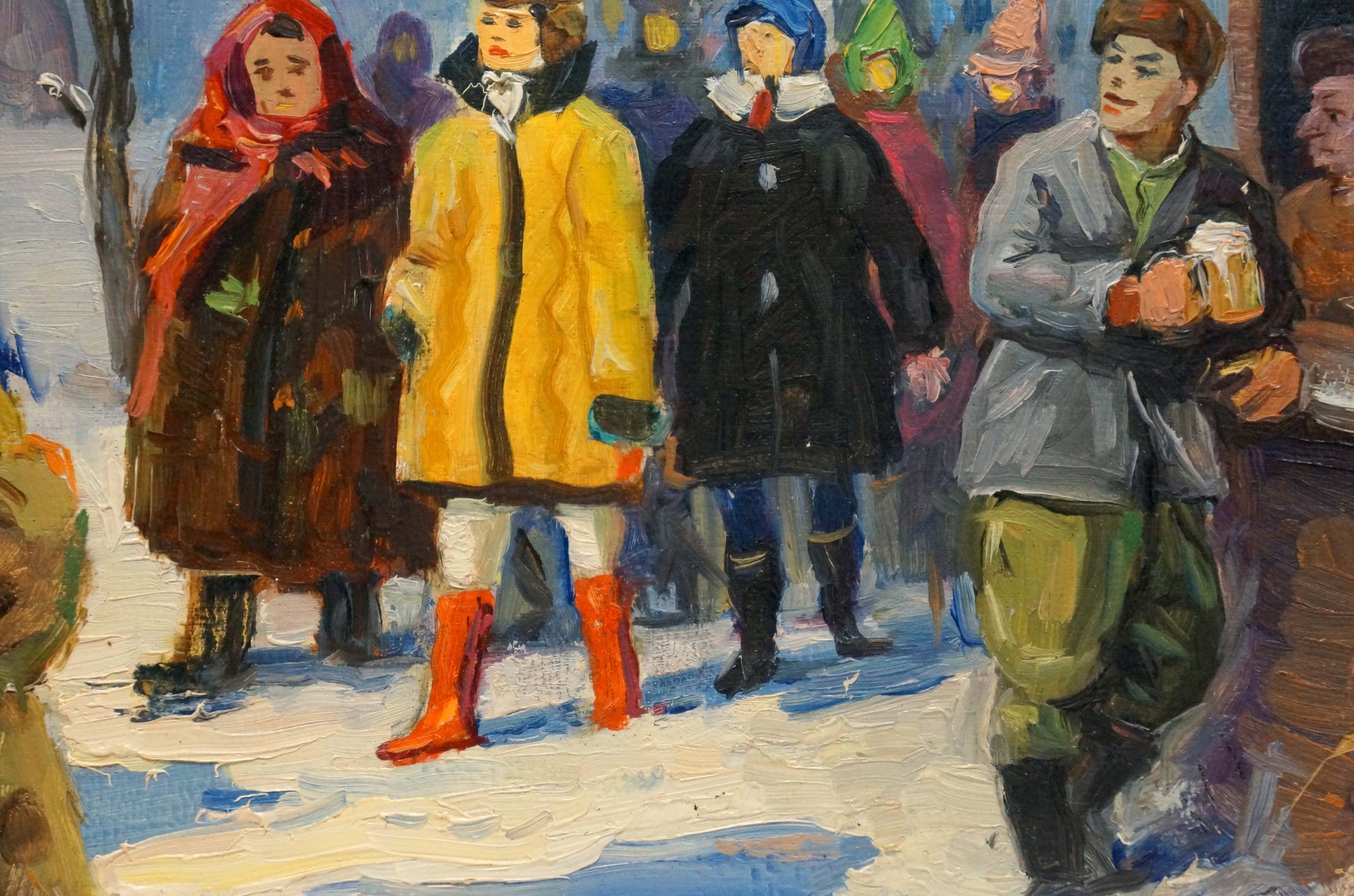 Vibrant yellow winter coat with white collar and green gloves by Popov Igor Alexandrovich