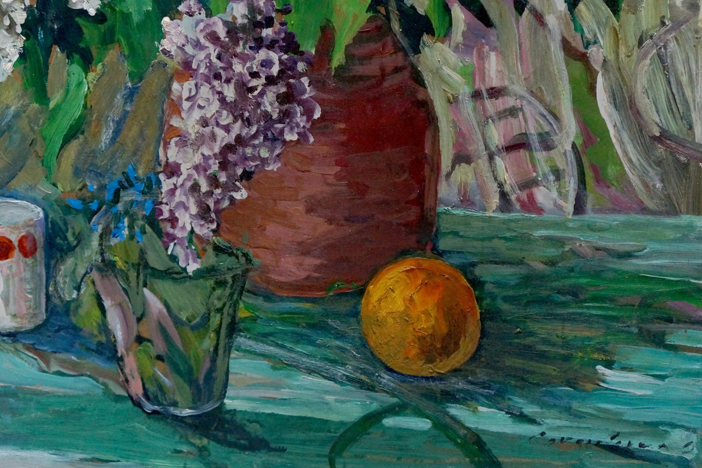 Oil painting of vibrant purple lilac blossoms in terracotta pot by Sokolovskaya Oksana Dmitrievna