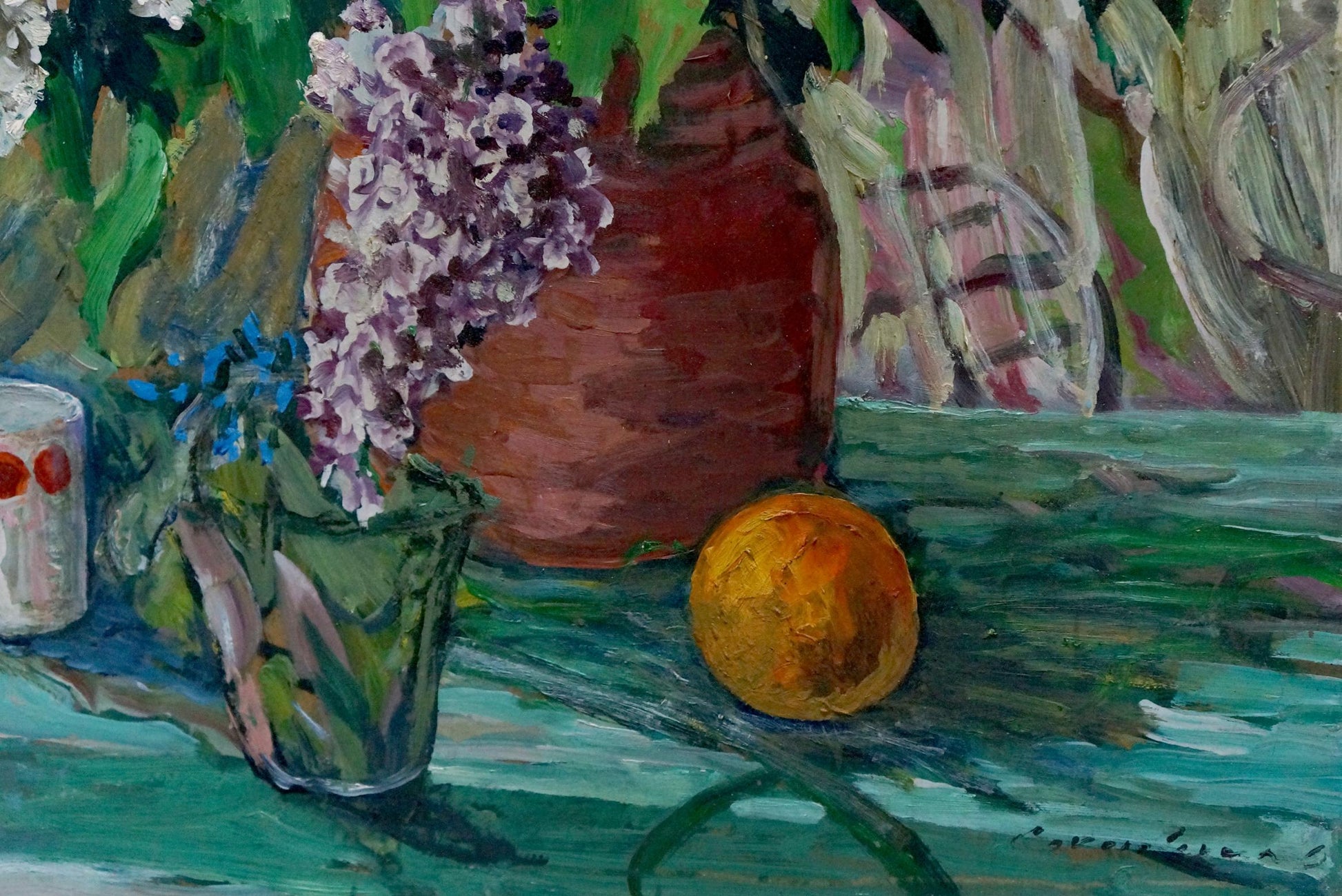 Oil painting of vibrant purple lilac blossoms in terracotta pot by Sokolovskaya Oksana Dmitrievna
