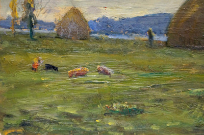 Oil painting of haystacks in rural landscape by Popov Igor Alexandrovich