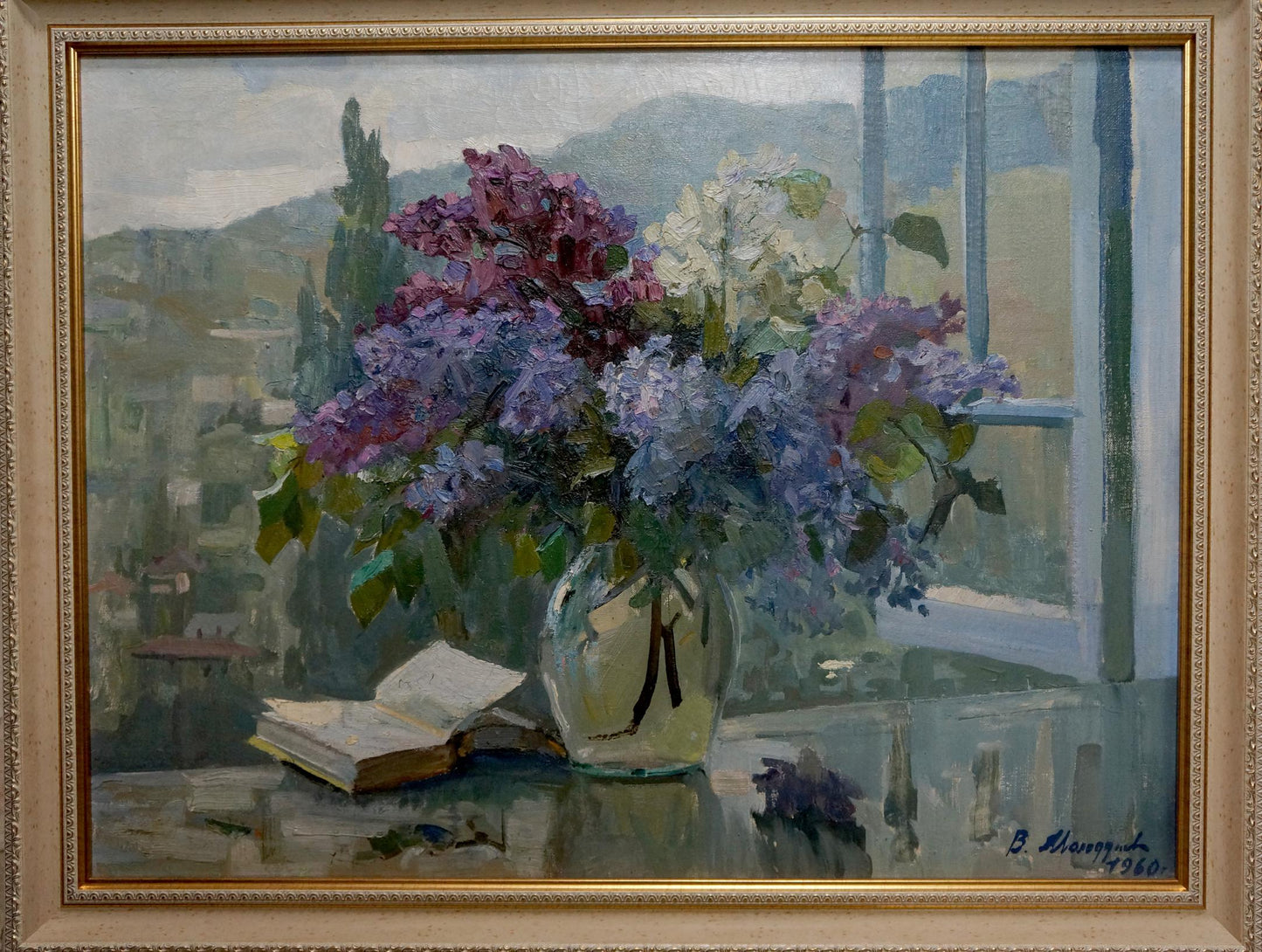 Oil painting Lilac V. Molodtsov: vibrant purple and white lilacs in glass vase