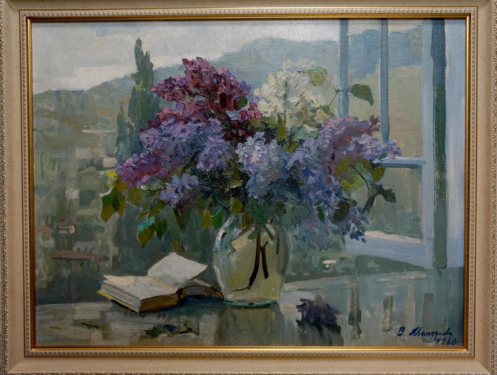 Oil painting Lilac V. Molodtsov: vibrant purple and white lilacs in glass vase