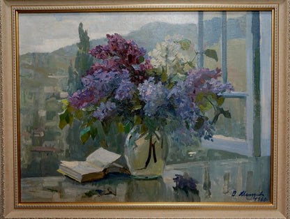 Oil painting Lilac V. Molodtsov: vibrant purple and white lilacs in glass vase