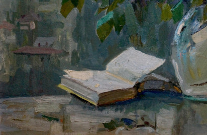 Oil painting Lilac V. Molodtsov: open book with cream pages, dark brown spine