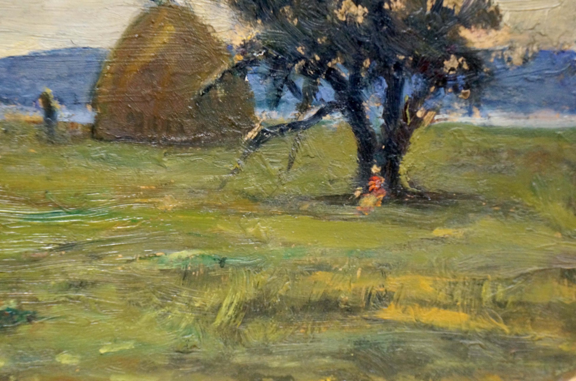 Rustic oil painting by Popov Igor Alexandrovich: dark tree and golden hay bale