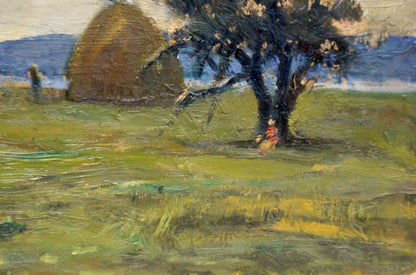 Rustic oil painting by Popov Igor Alexandrovich: dark tree and golden hay bale