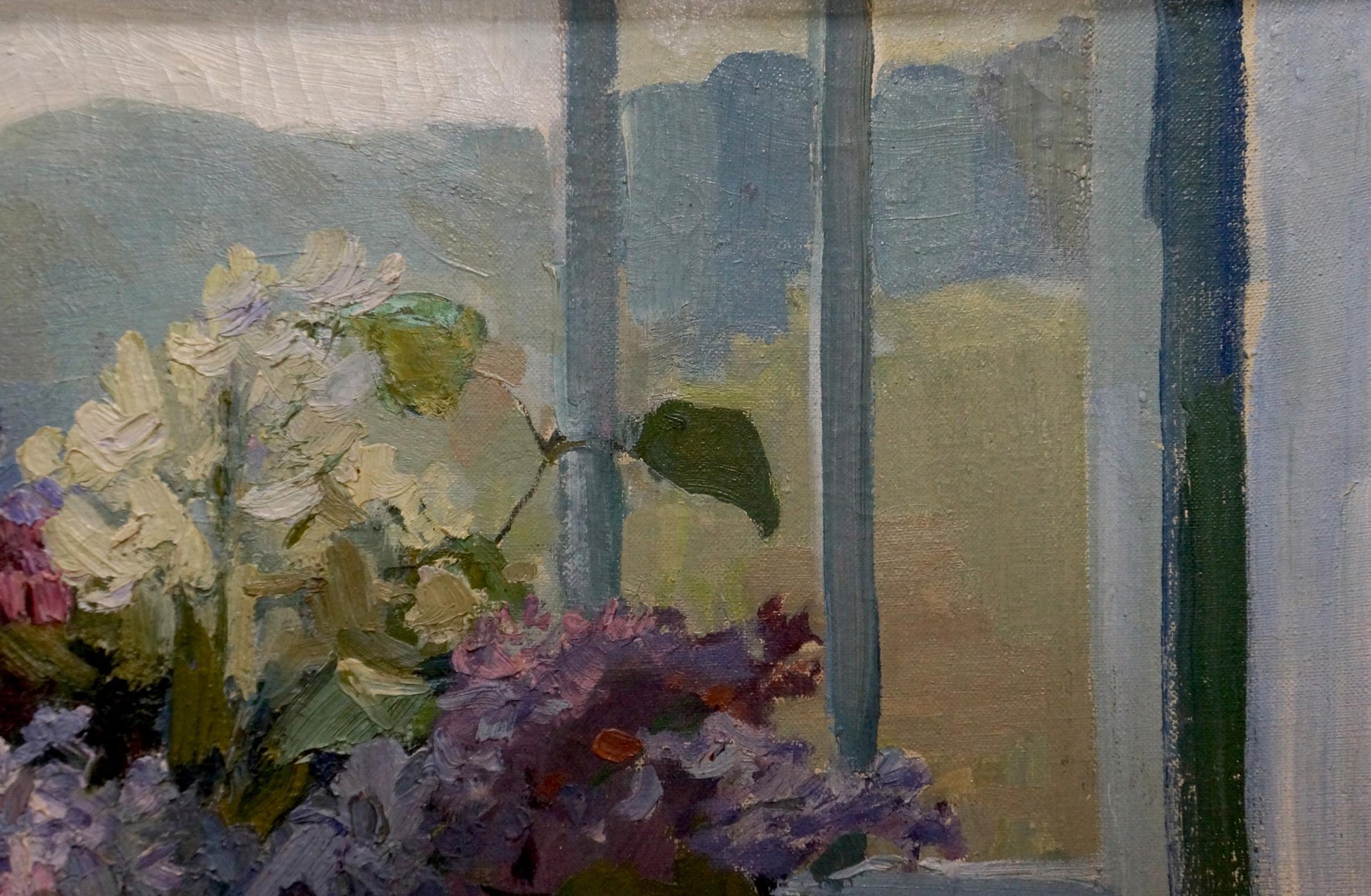 Oil painting Lilac V. Molodtsov: hydrangeas by blue-green window