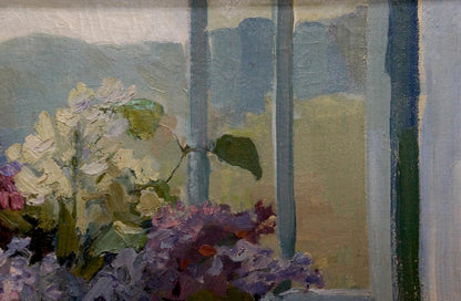 Oil painting Lilac V. Molodtsov: hydrangeas by blue-green window