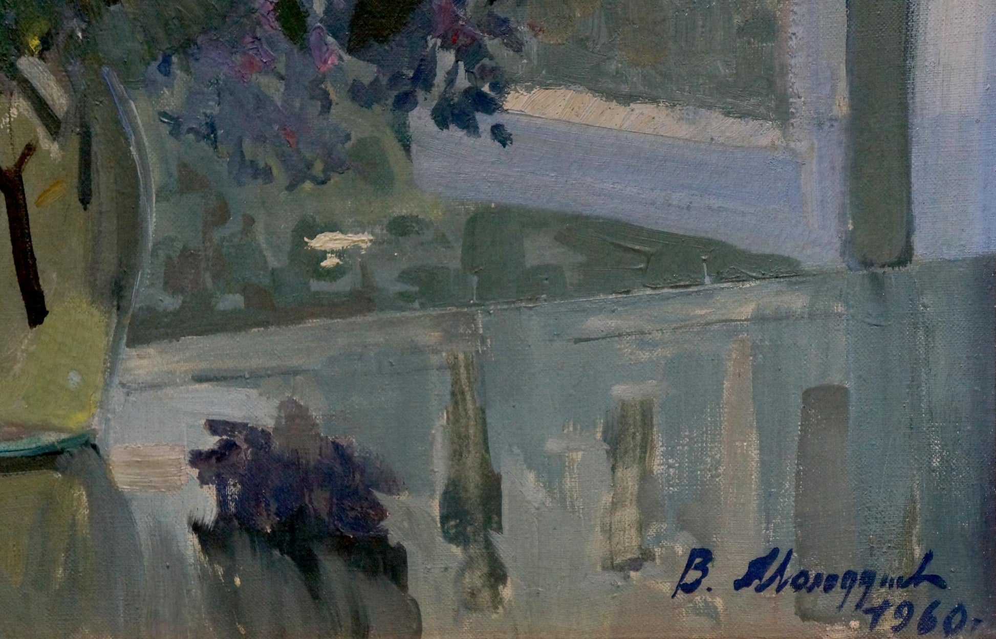 Oil painting Lilac by V. Molodtsov: impressionistic purple flowers in vase