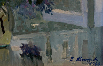Oil painting Lilac by V. Molodtsov: impressionistic purple flowers in vase