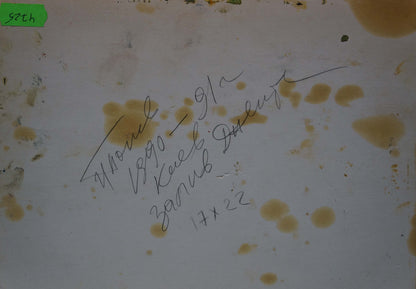 Back of Oil painting Haystacks by Popov Igor Alexandrovich with handwritten text and yellowish stains