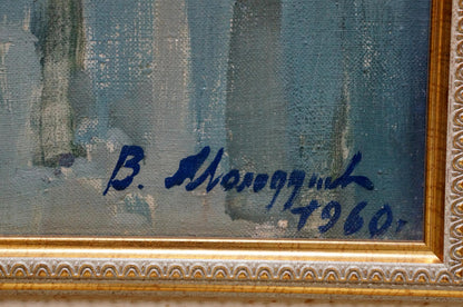 Back of oil painting Lilac by V. Molodtsov with blue ink b. signature