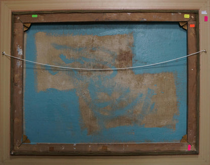 Back of Oil painting Lilac V. Molodtsov with weathered blue canvas in rustic frame