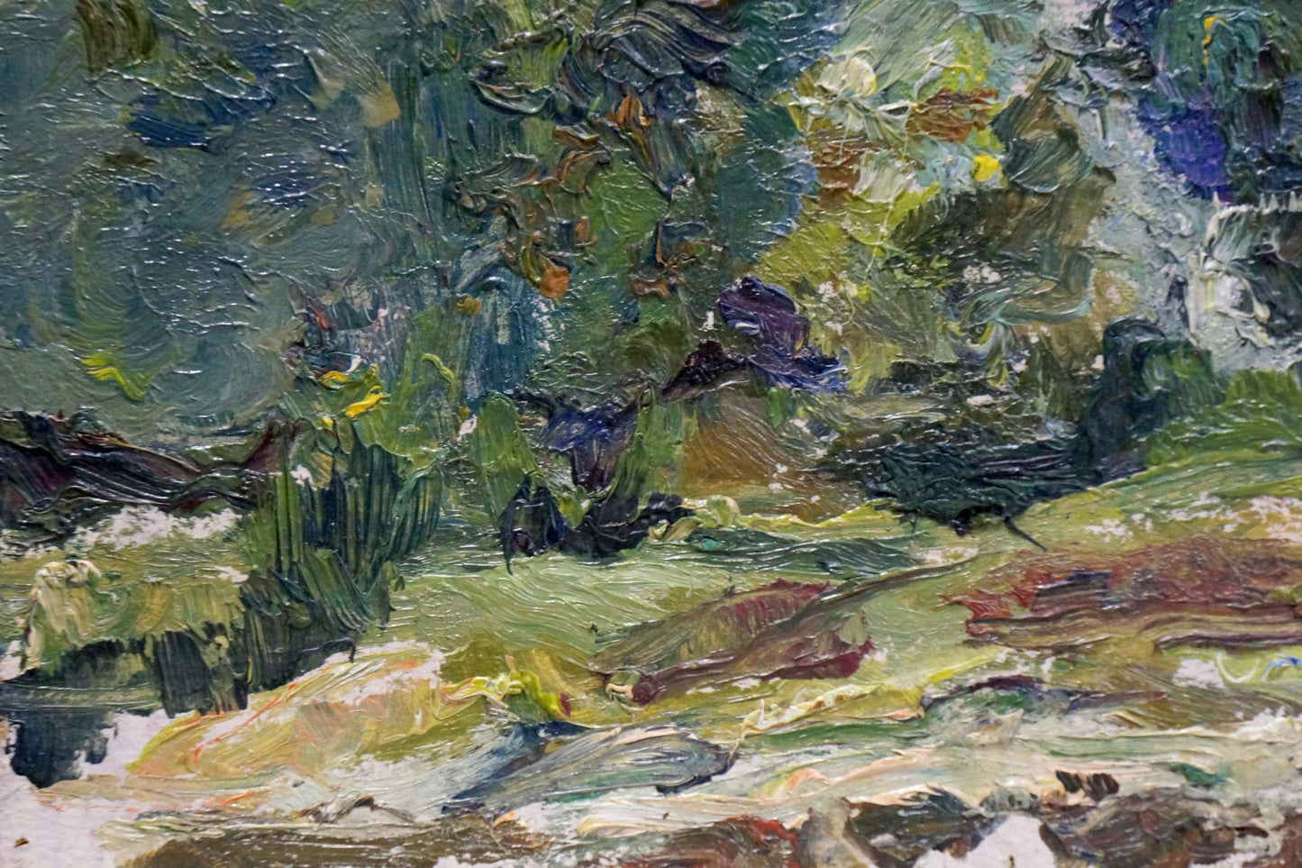 Textured impressionist oil painting In the Woods by Igor Popov, lush green landscape