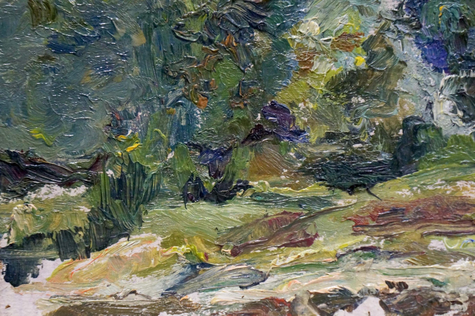 Textured impressionist oil painting In the Woods by Igor Popov, lush green landscape