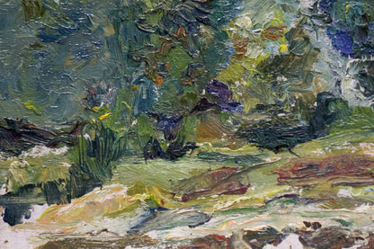 Textured impressionist oil painting In the Woods by Igor Popov, lush green landscape