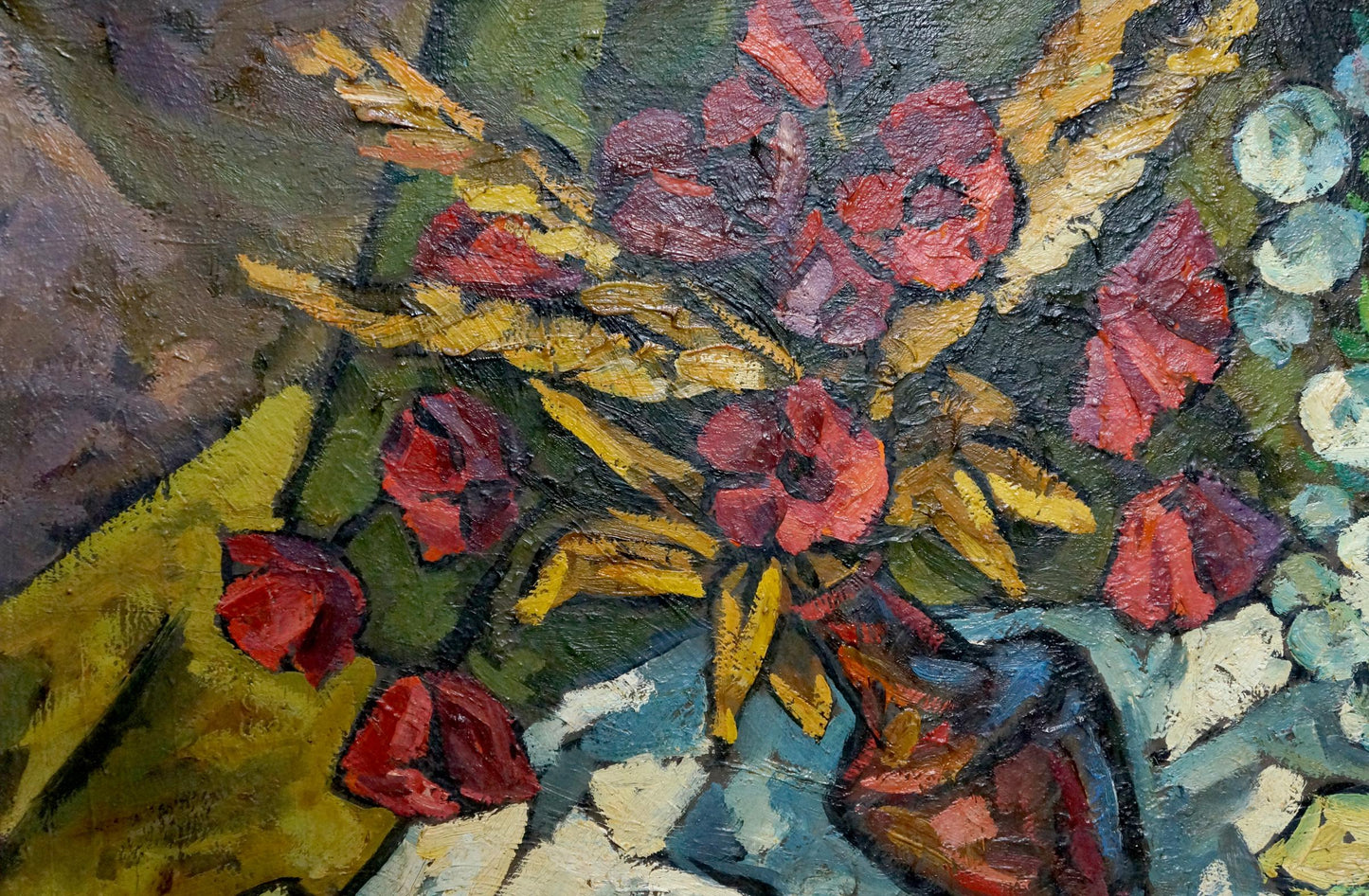 Vibrant red yellow flowers apples oil painting by Kublik Mikhail Alekseevich
